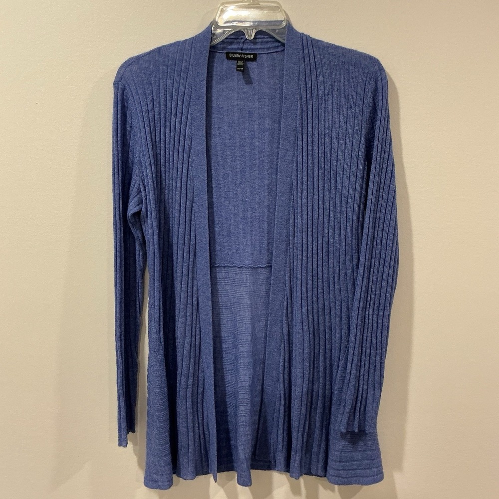 Eileen Fisher Open Front  Cardigan Blue‎ Tencel, Wool, Alpaca Sz XS Long Sleeve